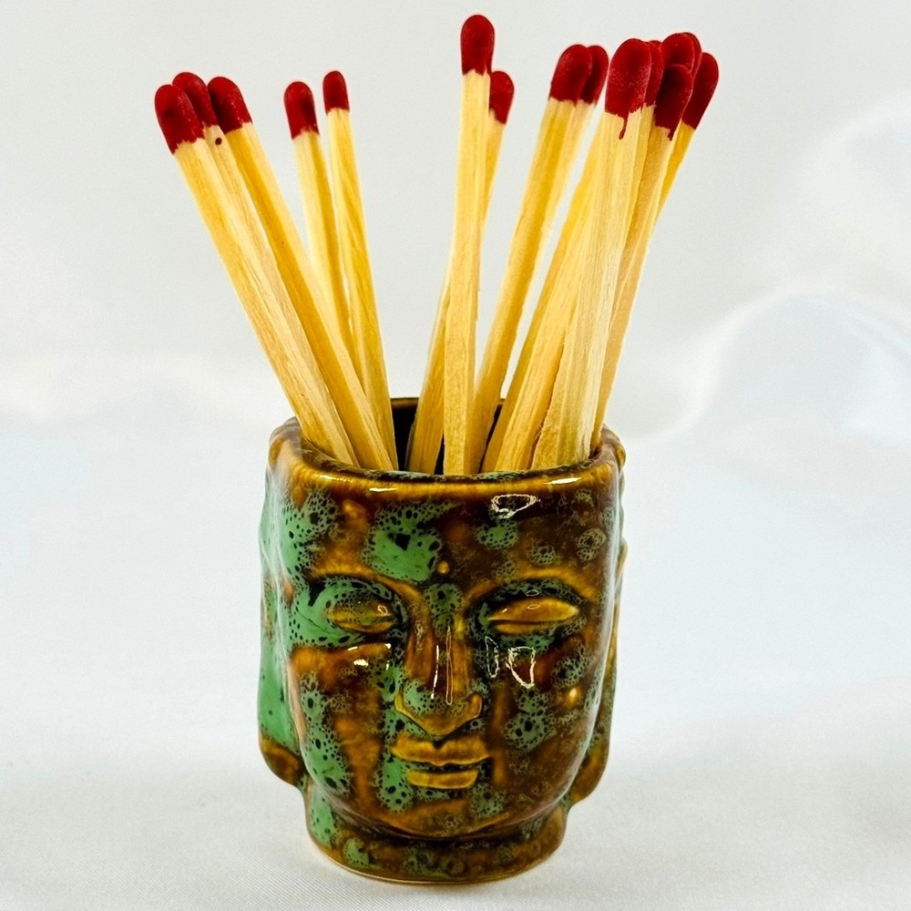 Ceramic Tiny Buddha Head Toothpick Match Holder Jigger Reactive Drip Glaze 2"
